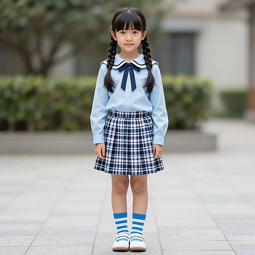 Photograph of an Asian girl with black braided hair, wearing a light blue shirt, navy plaid skirt, blue-striped socks, and white shoes