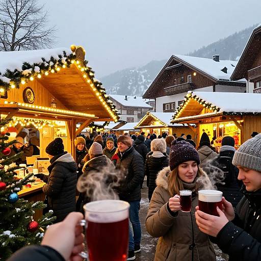 Photograph of a snowy Christmas market with warm-lit wooden stalls, people in winter clothes, holding steaming mugs, and Christmas trees in the