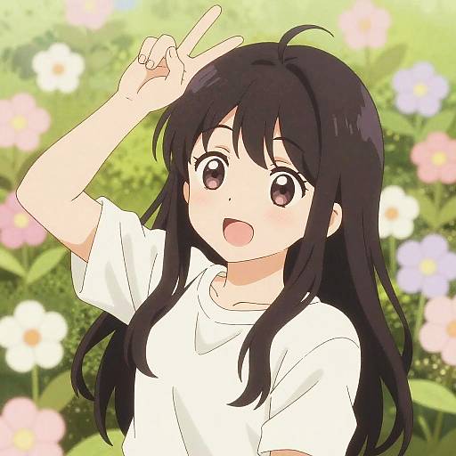 Anime-style digital drawing of a cheerful girl with long black hair, wearing a white shirt, making a peace sign against a blurred floral background.