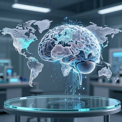 Digital CGI of a glowing, wireframe brain globe hovering over a blue-lit, transparent table in a futuristic, high-tech lab.