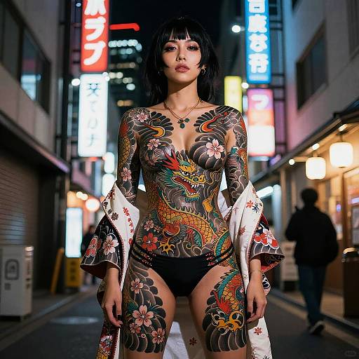 Yakuza Tattooed Woman in Neon Alley