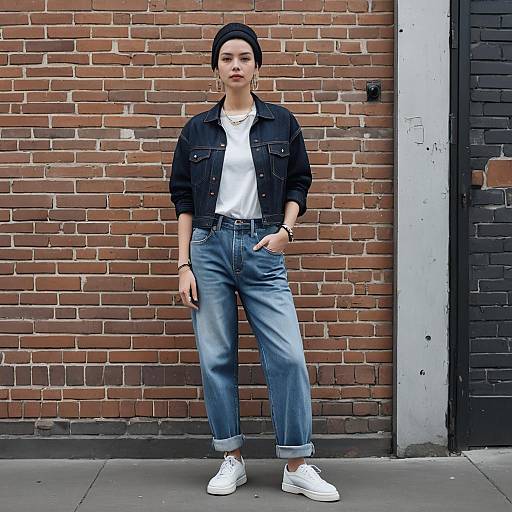 Woman in Low-Rise Baggy Jeans and Denim Jacket