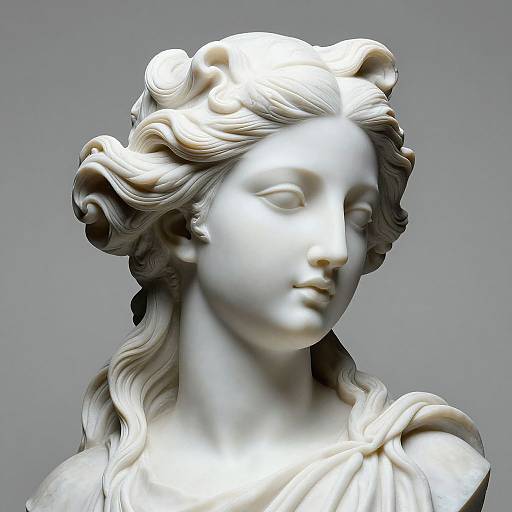 Photograph of a white marble classical statue featuring a serene, wavy-haired female figure with soft, flowing hair and subtle facial features against a gray background