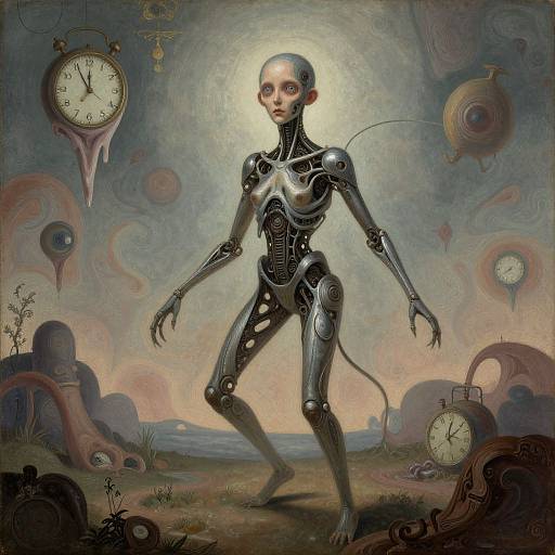 Digital surreal artwork of a bald, silver robotic human with exposed joints, standing in a dreamlike landscape with floating clocks and strange shapes.