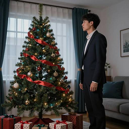 Man standing beside decorated Christmas tree
