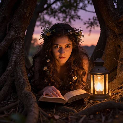 Photograph of a young woman with long, wavy brown hair, wearing a flower crown, reading an open book by a glowing lantern in a forest