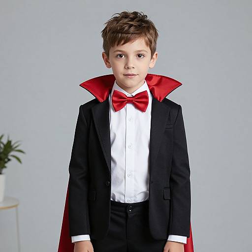 Photograph of a young boy with brown hair in a black tuxedo, red bowtie, and red cape, standing against a light gray background
