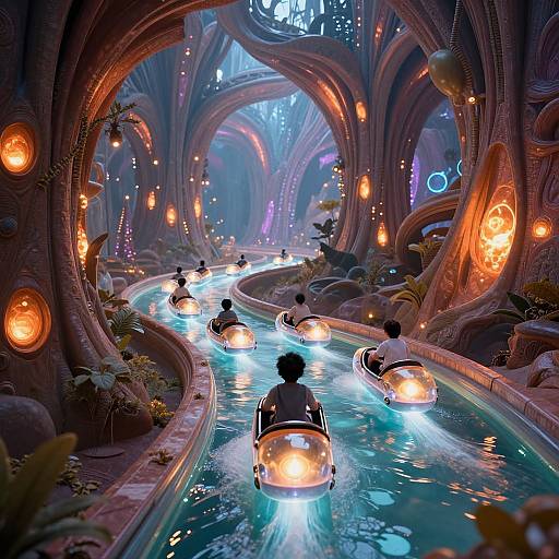 Digital art: Glowing, futuristic underwater tunnel with bioluminescent trees, floating orbs, and illuminated, round, boat-like vessels carrying silhou