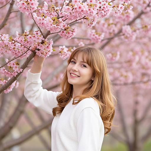 Photograph of a smiling young woman with light brown hair, wearing a white sweater, reaching up to touch pink cherry blossoms. Background: blurred cherry
