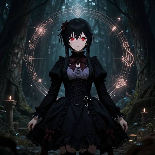 Digital anime-style drawing of a pale, red-eyed girl with black hair, wearing a gothic black dress, standing in a dark, mystical forest with