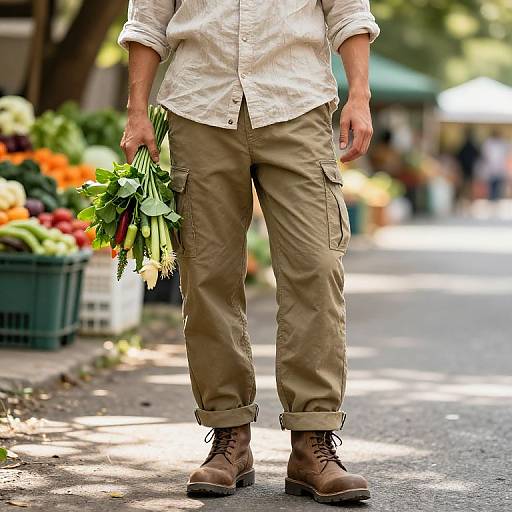 Photograph of a man's lower body in beige cargo pants, brown boots, and a white shirt, holding a bouquet of green leaves, standing in