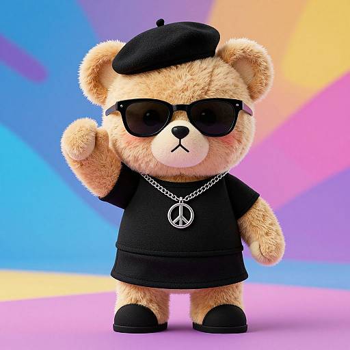 CGI teddy bear with beige fur, black beret, sunglasses, black t-shirt, peace sign necklace, and black shoes, waving. Vibr