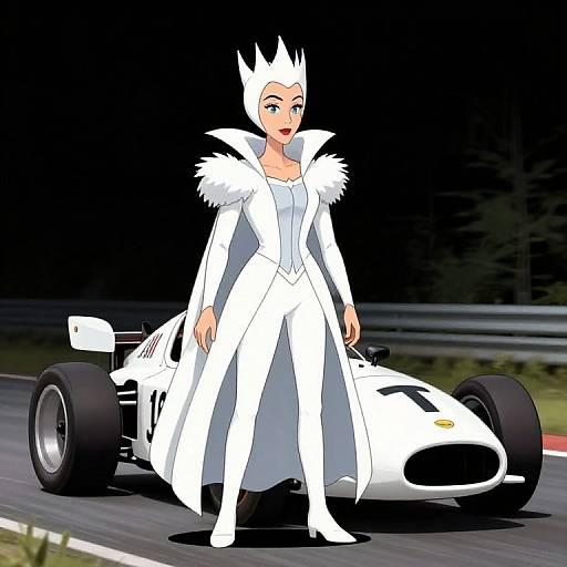 White Witch Cartoon Character with Historic Motorsport Car