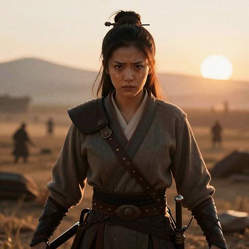 Photograph of a determined Asian woman warrior with dark hair in a topknot, wearing traditional Korean attire, standing in a sunlit, rocky field