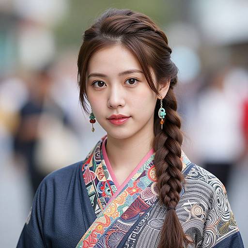Photograph of a young Asian woman with braided brown hair, wearing a traditional Korean hanbok with colorful embroidery, and green earrings, standing in