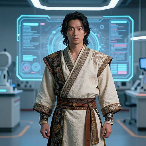 Man in Ken Costume with Holographic Interface