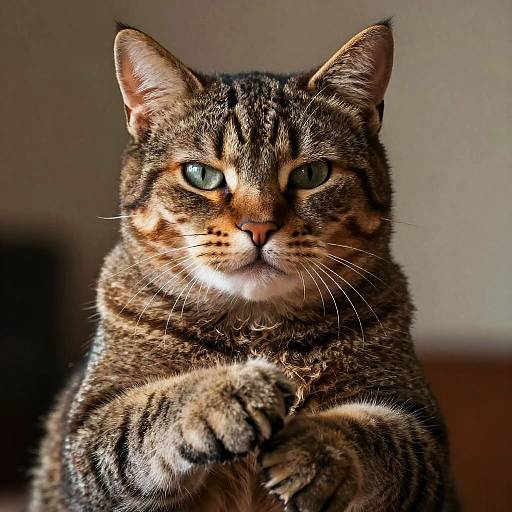 Photograph of a focused, medium-sized tabby cat with green eyes and striped fur, sitting upright with front paws together, against a blurred indoor