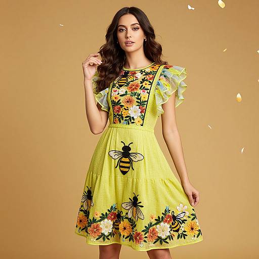 Photograph of a brunette woman with wavy hair wearing a yellow floral dress with bee and butterfly embroidery, set against a solid beige background.