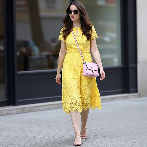 Photograph of a brunette woman with long hair, wearing a bright yellow lace dress, black sunglasses, and a white crossbody bag, walking on a