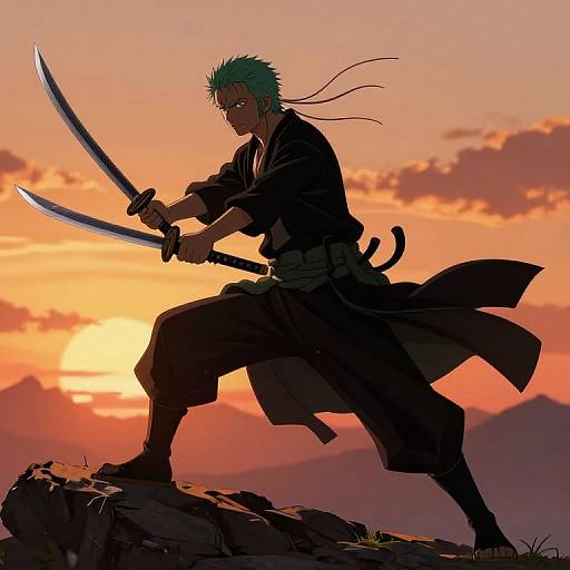 Digital anime-style drawing of a green-haired samurai with dual swords, standing on a rock during a vibrant sunset, ready for battle.