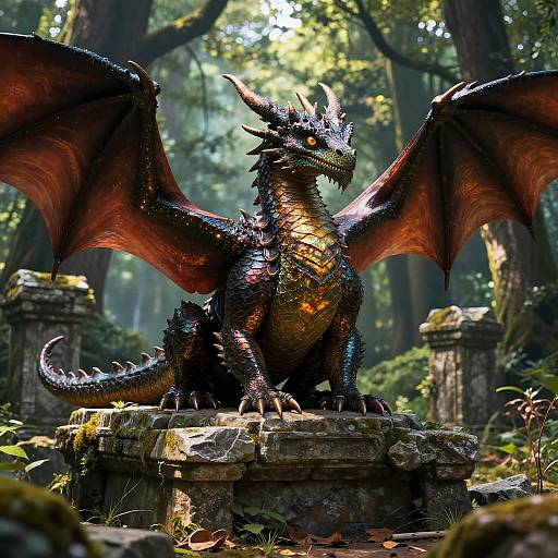 Photorealistic digital artwork of a dark, shiny, red-and-black dragon with large wings and sharp spikes, standing on a moss-covered stone pedestal in