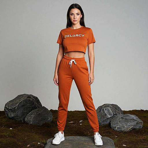 Photograph of a woman with long black hair, wearing an orange crop top and matching orange jogger pants with 