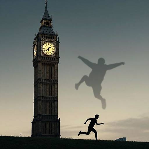 Silhouetted runner with arms outstretched beside Big Ben clock tower; shadow of a leaping figure against twilight sky. Photographic image.