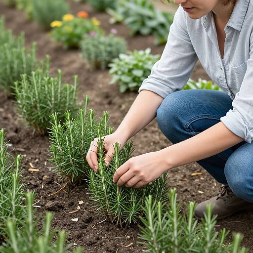 Woman Tending Rosemary Herb Garden
