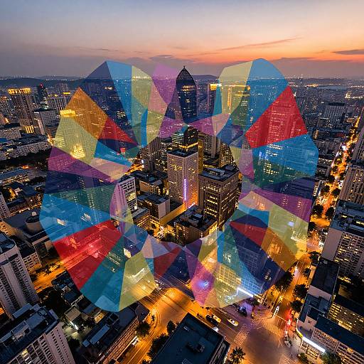 Aerial photograph of a cityscape at sunset, overlaid with vibrant, translucent geometric shapes in red, blue, yellow, and green. Illuminated