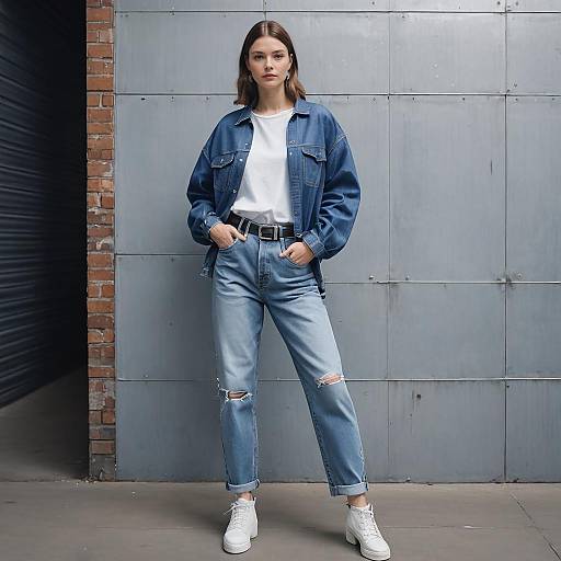 Woman in Denim Casual Outfit