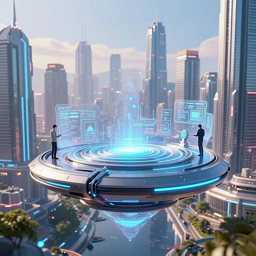 Digital illustration of a futuristic cityscape with two men on a glowing, hovering platform surrounded by holographic screens and a central light column.