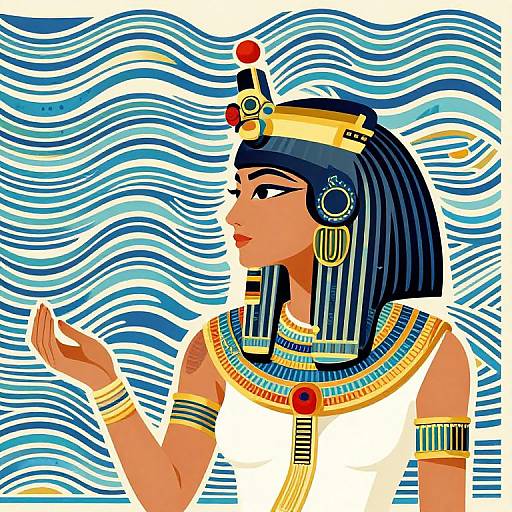 Digital illustration of an Egyptian queen with dark blue hair, gold headpiece, and colorful jewelry, gesturing against a wavy blue and white background.