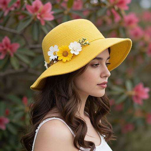 Photograph of a young woman with wavy brown hair, wearing a bright yellow hat adorned with white and yellow flowers, looking down, in front of