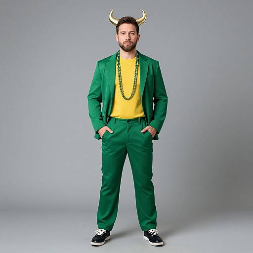 Photograph of a bearded man with short brown hair, wearing a green suit, yellow shirt, green beaded necklace, horn headpiece, and