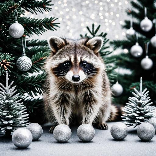 Playful Raccoon with Silver Christmas Decorations