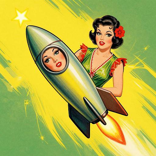 Vintage-style digital illustration of a curvy, red-lipstick-wearing woman with black hair and a red flower, piloting a yellow rocket with