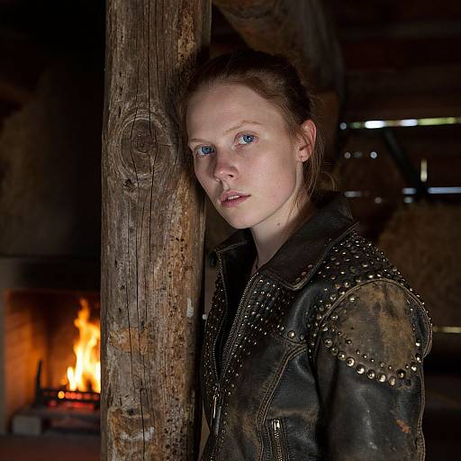 Photograph of a young white woman with blue eyes, brown hair, wearing a black, studded leather jacket, leaning against a wooden post in a
