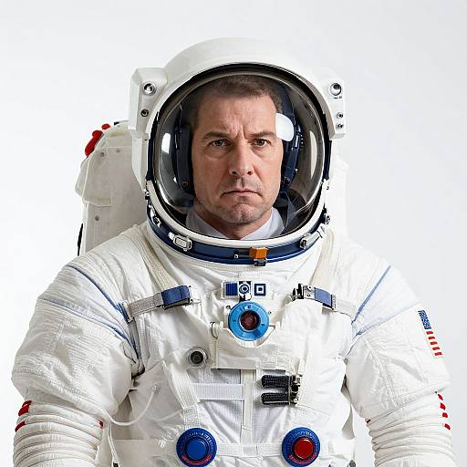 Photograph of a serious middle-aged man in a white astronaut suit with a reflective helmet, against a plain white background.