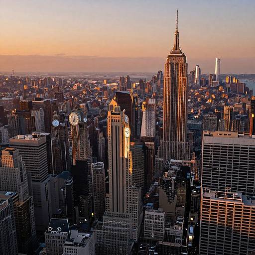 Photograph of New York City skyline at sunset, featuring the Empire State Building illuminated, surrounded by skyscrapers, with a pink and orange sky.