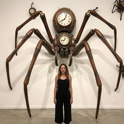Photograph of a woman in a black sleeveless dress standing in front of a large, clock-faced spider sculpture with brown, mechanical legs on a white