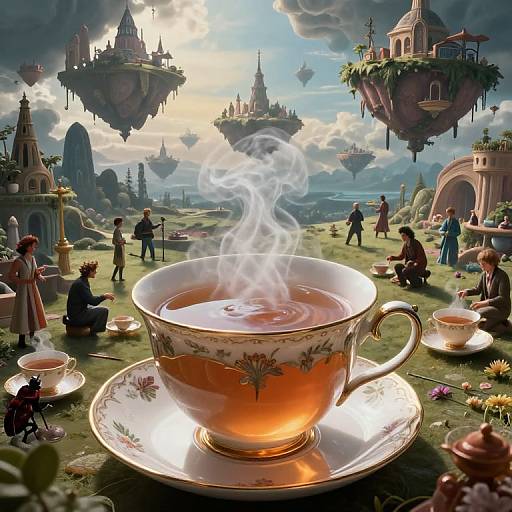 Fantasy tea scene: ornate cup steaming, surrounded by whimsical floating castles, people, and lush greenery under a cloudy sky.