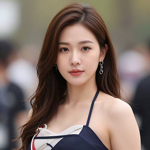 Photograph of a young Asian woman with long brown hair, wearing a black and white halter dress, looking directly at the camera outdoors.