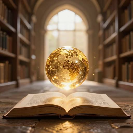 Photograph of a glowing, golden orb hovering above an open book in a dimly lit, arched library with wooden shelves.