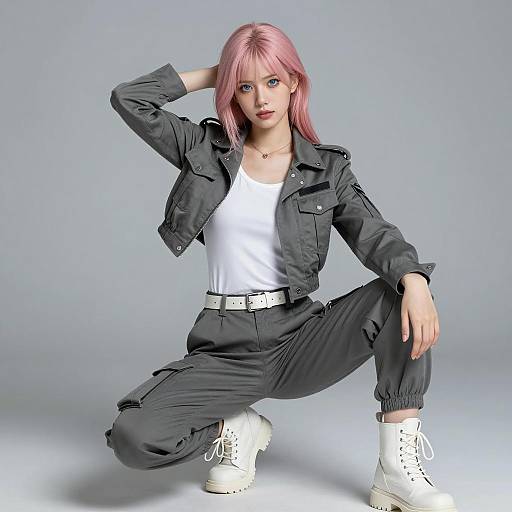 Fashionable Woman in Gray Military-Style Outfit