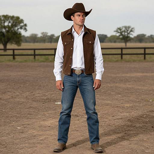Photograph of a confident, young Caucasian man in a brown cowboy hat, white shirt, brown vest, blue jeans, and brown boots, standing in