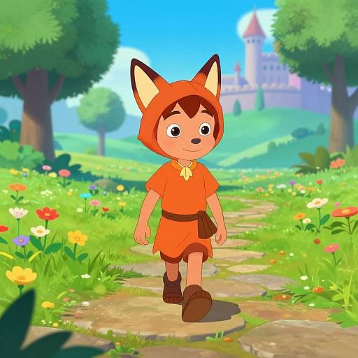 Young Boy in Fox-Ear Hat Strolls