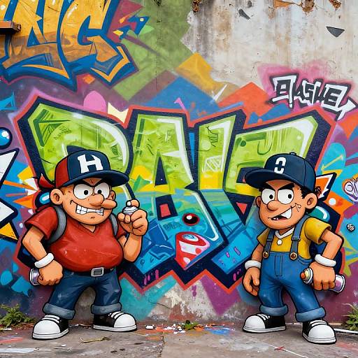 Vibrant graffiti wall featuring two cartoonish, muscular men in red and yellow shirts, blue overalls, and baseball caps, standing confidently. Bold