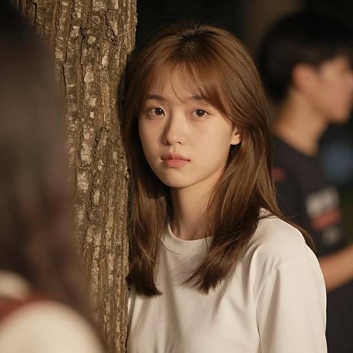 Young Woman Leaning on Tree Trunk