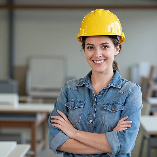Photograph of a smiling, light-skinned woman with dark hair, wearing a yellow hard hat and blue denim shirt, arms crossed, standing in a