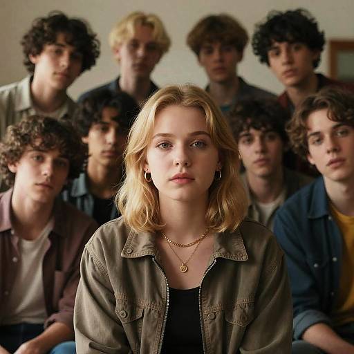 Photorealistic Blonde Woman Surrounded by Men